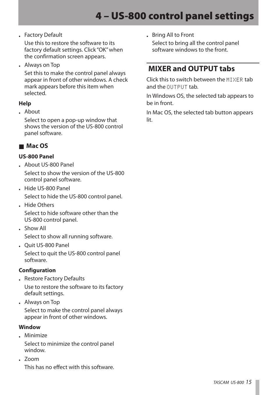 Mixer and output tabs, 4 – us-800 control panel settings | Teac US-800 User Manual | Page 15 / 40