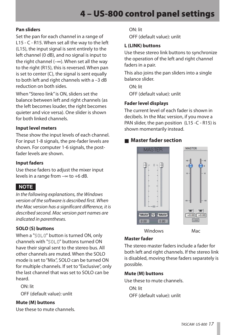 4 – us-800 control panel settings | Teac US-800 User Manual | Page 17 / 40