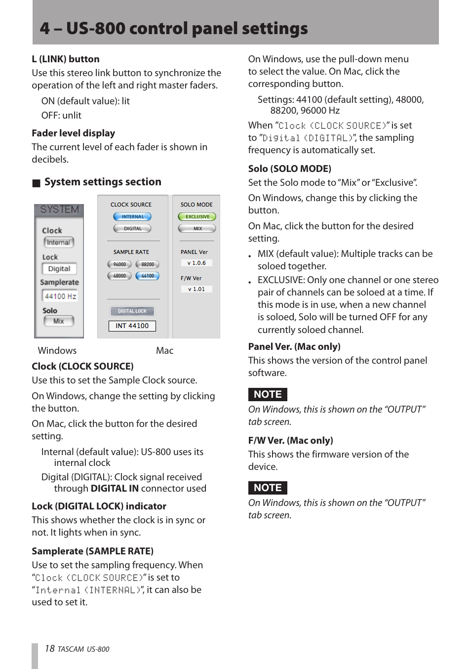 4 – us-800 control panel settings | Teac US-800 User Manual | Page 18 / 40