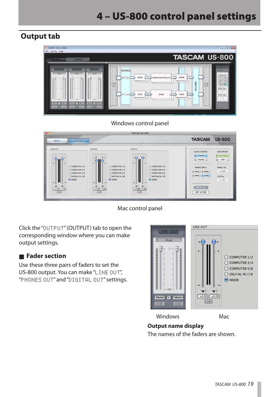 Output tab, 4 – us-800 control panel settings | Teac US-800 User Manual | Page 19 / 40