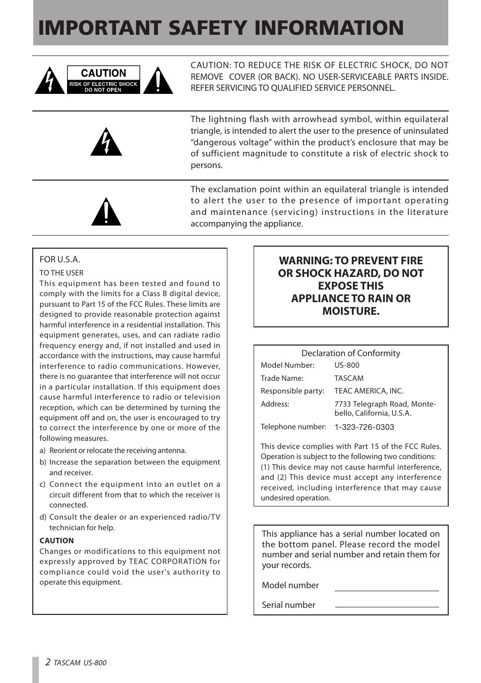 Important safety information | Teac US-800 User Manual | Page 2 / 40