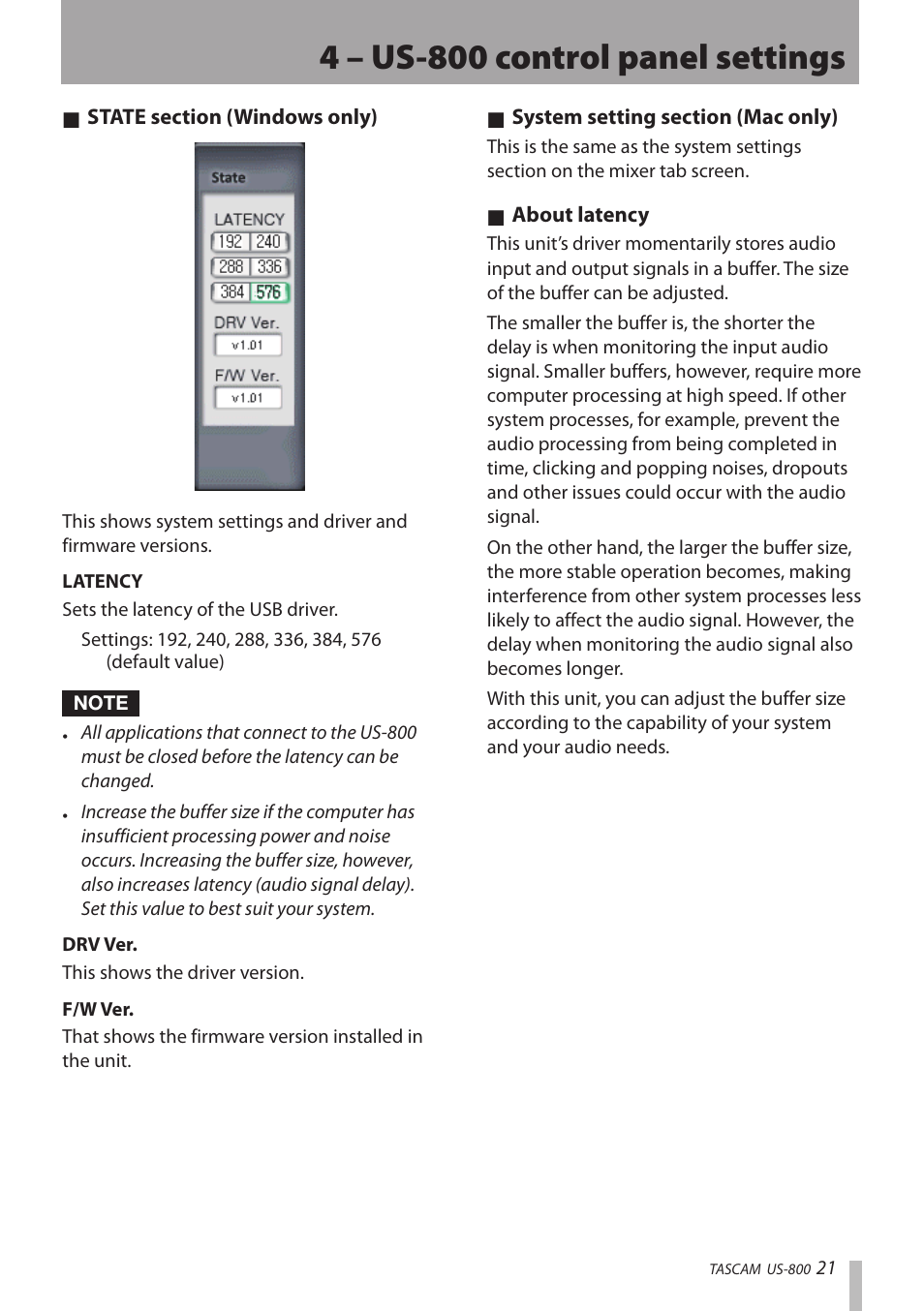 4 – us-800 control panel settings | Teac US-800 User Manual | Page 21 / 40
