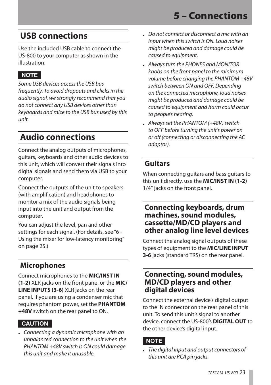 Usb connections, Audio connections, Microphones | Guitars, Usb connections audio connections, 5 – connections | Teac US-800 User Manual | Page 23 / 40