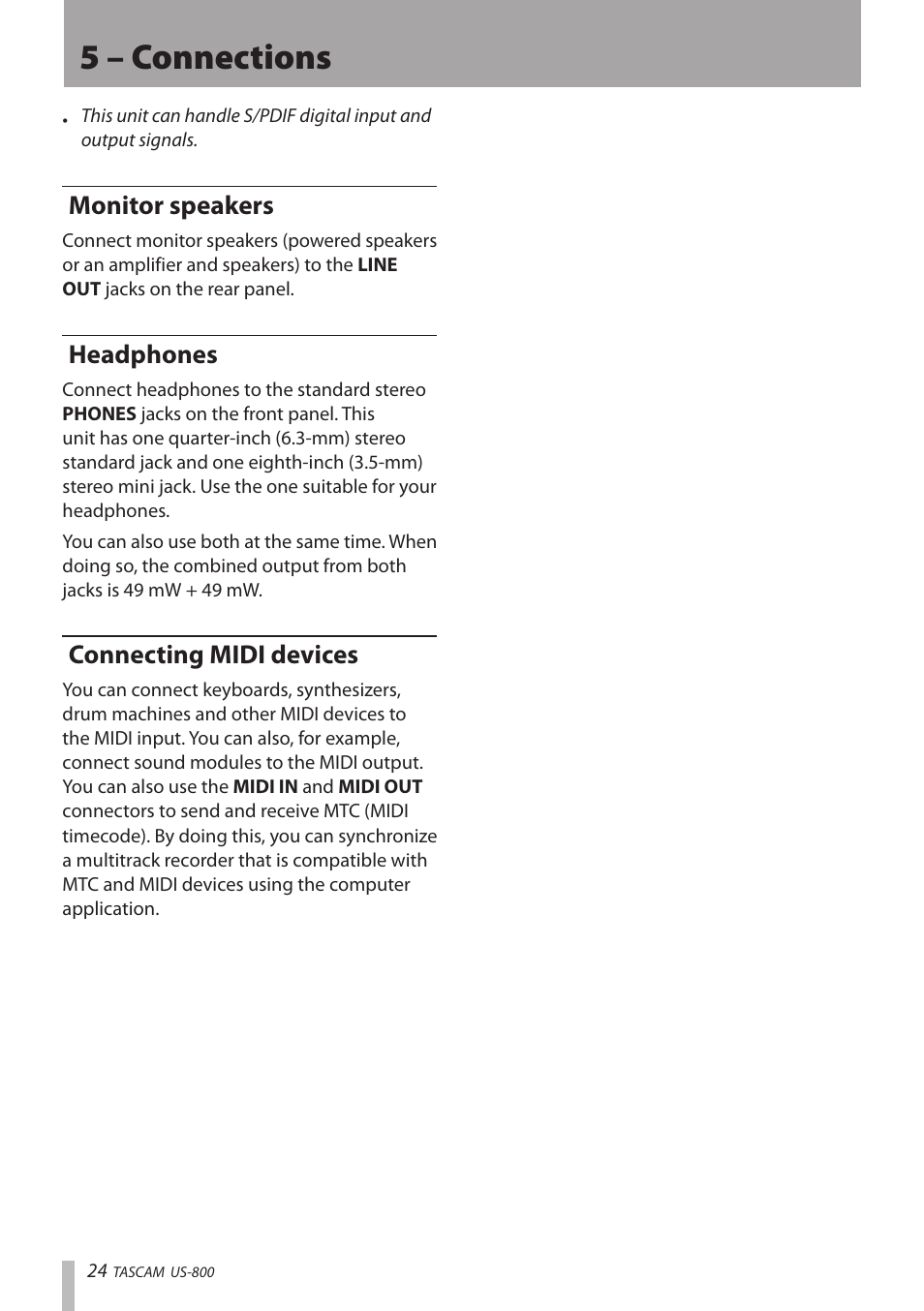 Monitor speakers, Headphones, Connecting midi devices | Headphones connecting midi devices, 5 – connections | Teac US-800 User Manual | Page 24 / 40