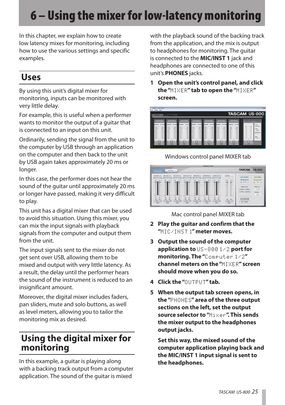 6 – using the mixer for low-latency monitoring, Uses, Using the digital mixer for monitoring | 6 – using the mixer for low-latency, Monitoring, Uses using the digital mixer for | Teac US-800 User Manual | Page 25 / 40