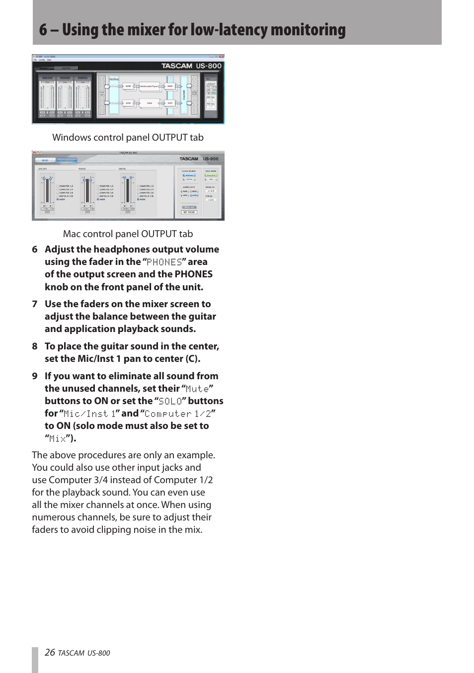 6 – using the mixer for low-latency monitoring | Teac US-800 User Manual | Page 26 / 40