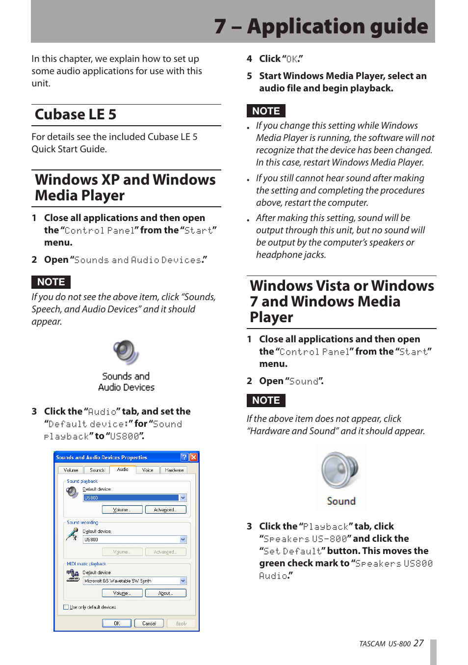 7 – application guide, Cubase le 5, Windows xp and windows media player | Teac US-800 User Manual | Page 27 / 40