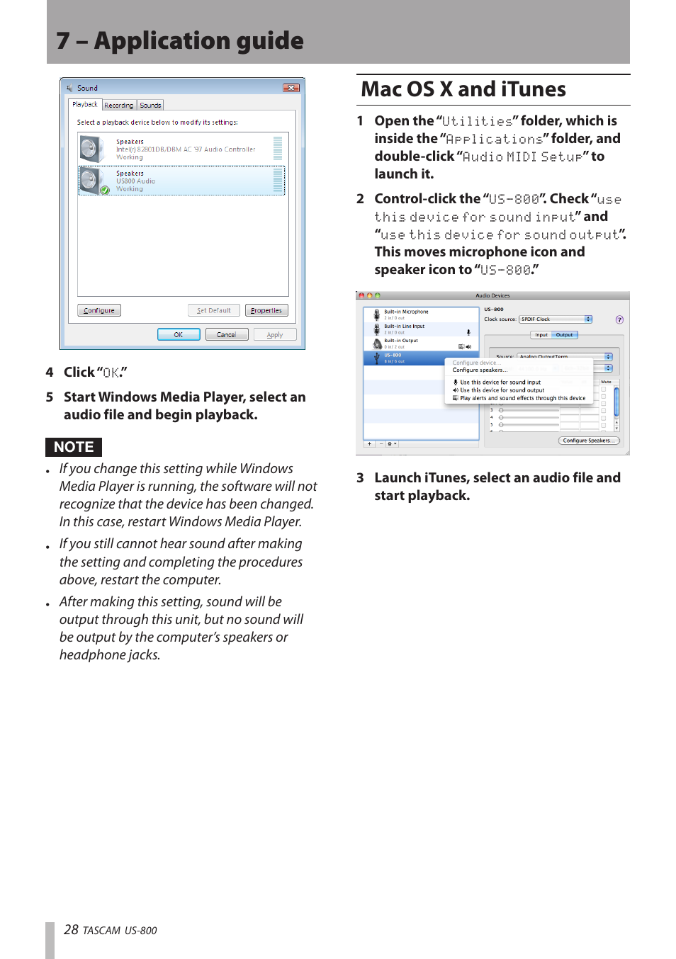 Mac os x and itunes, 7 – application guide | Teac US-800 User Manual | Page 28 / 40