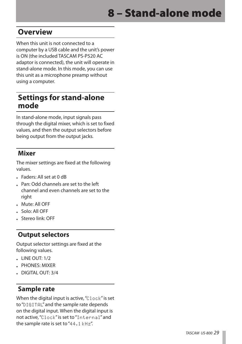 8 – stand-alone mode, Overview, Settings for stand-alone mode | Mixer, Output selectors, Sample rate, Overview settings for stand-alone mode, Mixer output selectors sample rate | Teac US-800 User Manual | Page 29 / 40