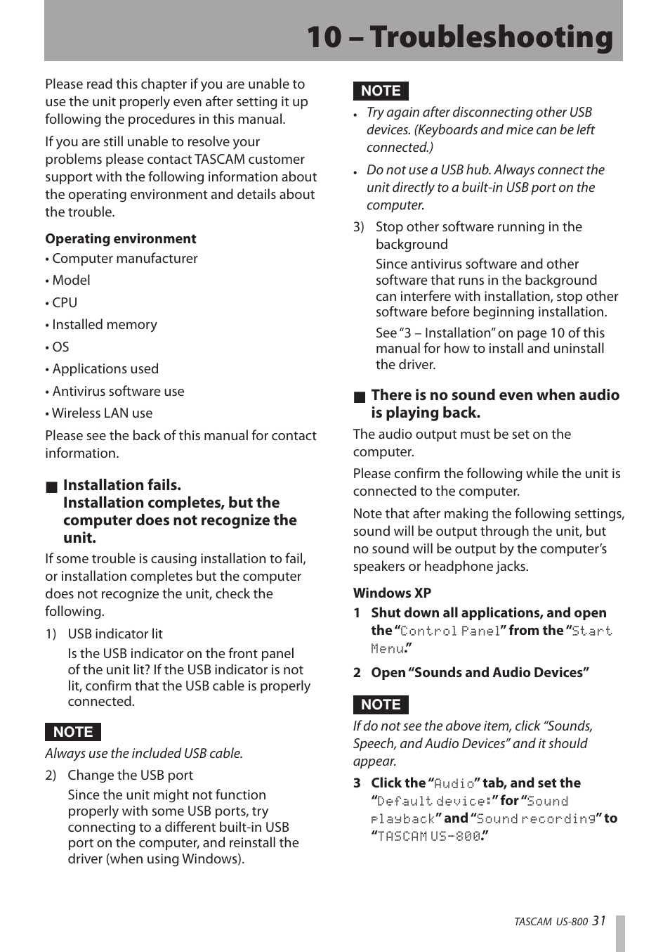 10 – troubleshooting | Teac US-800 User Manual | Page 31 / 40