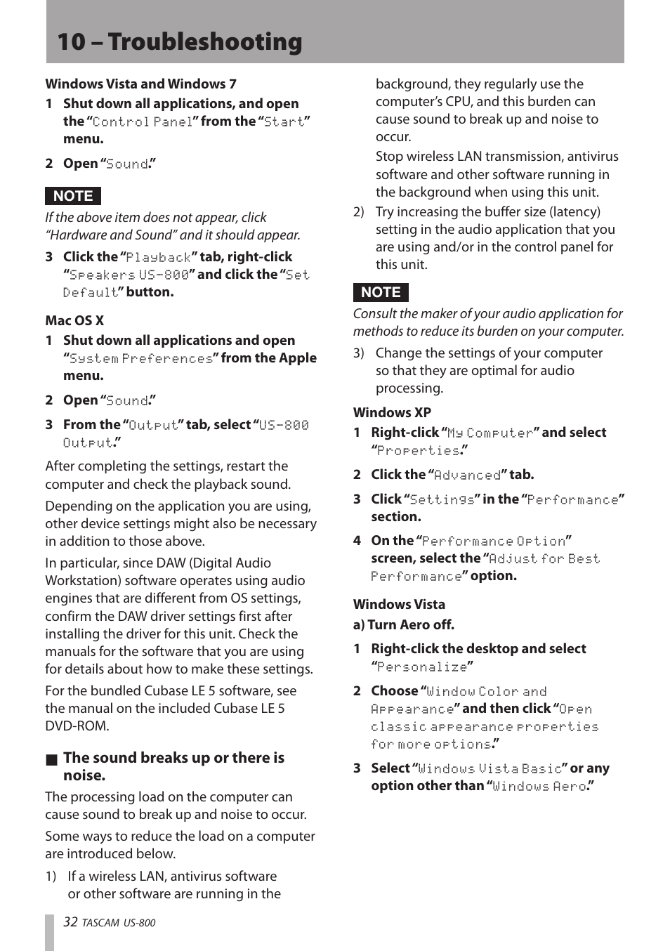 10 – troubleshooting, The sound breaks up or there is ª noise | Teac US-800 User Manual | Page 32 / 40