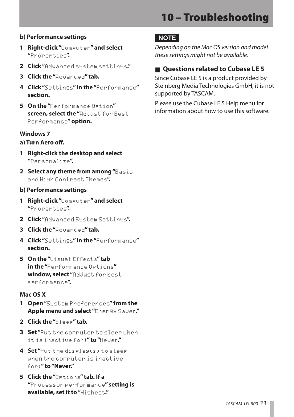 10 – troubleshooting, Questions related to cubase le 5 ª | Teac US-800 User Manual | Page 33 / 40