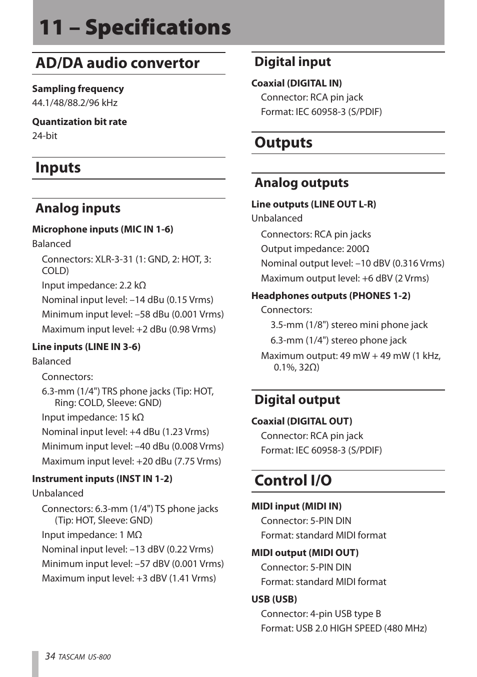 11 – specifications, Ad/da audio convertor, Inputs | Analog inputs, Digital input, Outputs, Analog outputs, Digital output, Control i/o, Ad/da audio convertor inputs | Teac US-800 User Manual | Page 34 / 40