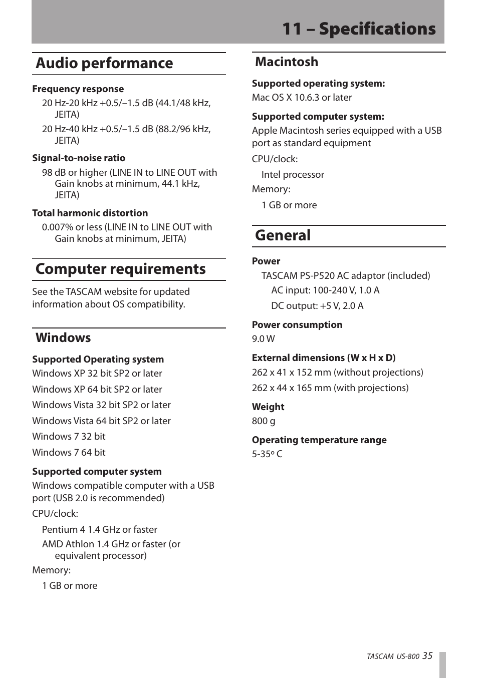 Audio performance, Computer requirements, Windows | Macintosh, General, Audio performance computer requirements, Windows macintosh, 11 – specifications | Teac US-800 User Manual | Page 35 / 40