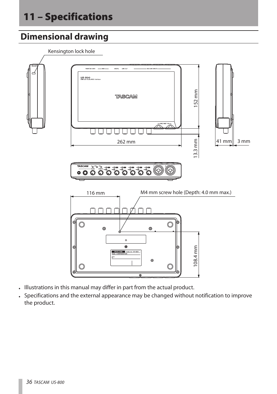 Dimensional drawing, 11 – specifications | Teac US-800 User Manual | Page 36 / 40