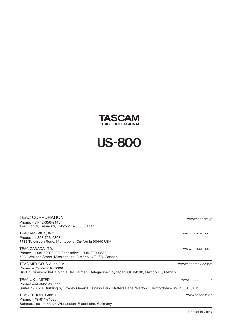 Us-800 | Teac US-800 User Manual | Page 40 / 40