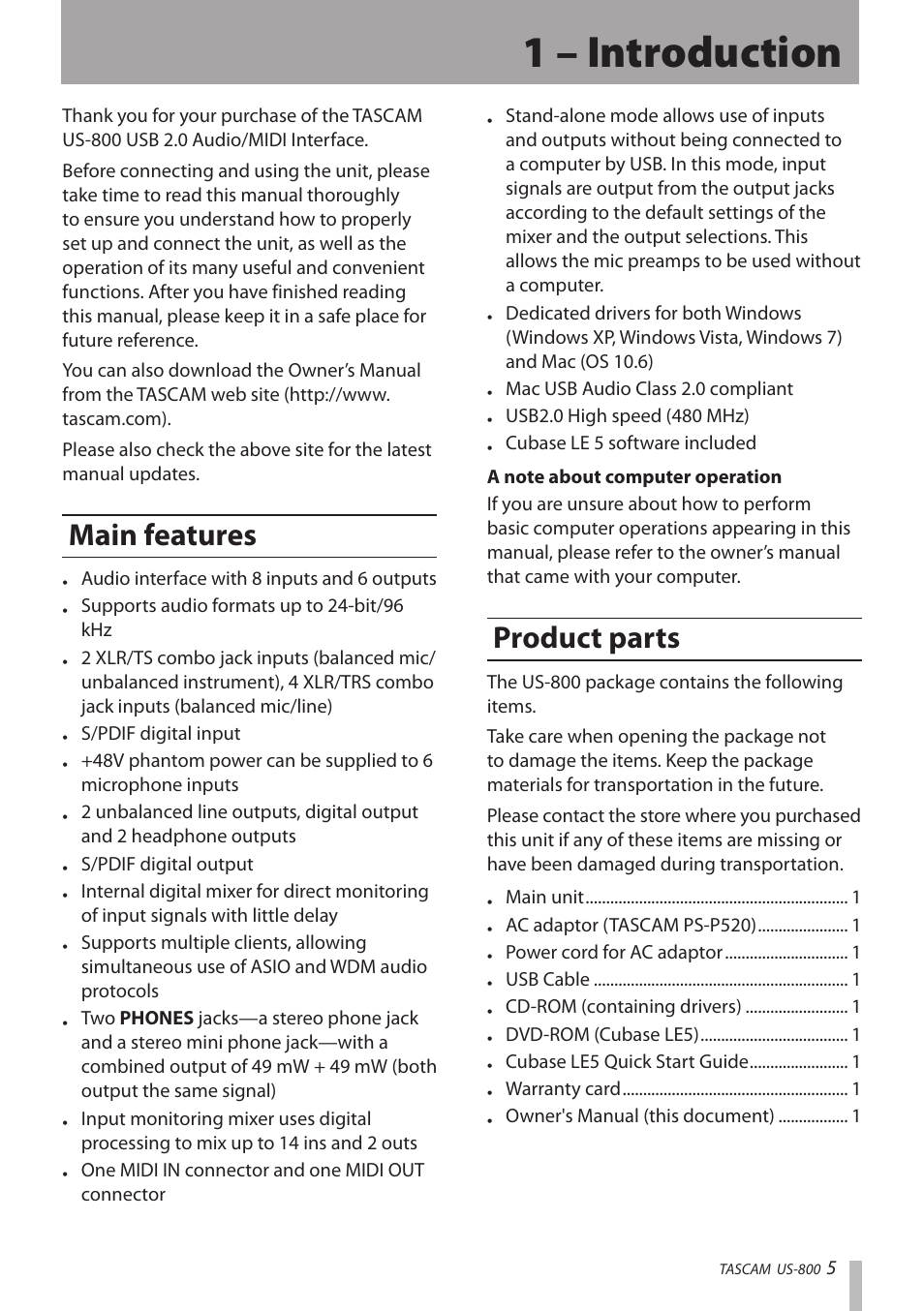 1 – introduction, Main features, Product parts | Main features product parts | Teac US-800 User Manual | Page 5 / 40