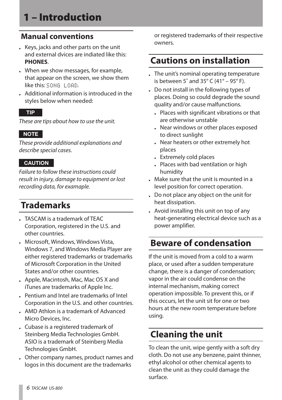 Manual conventions, Trademarks, Cautions on installation | Beware of condensation, Cleaning the unit, 1 – introduction | Teac US-800 User Manual | Page 6 / 40