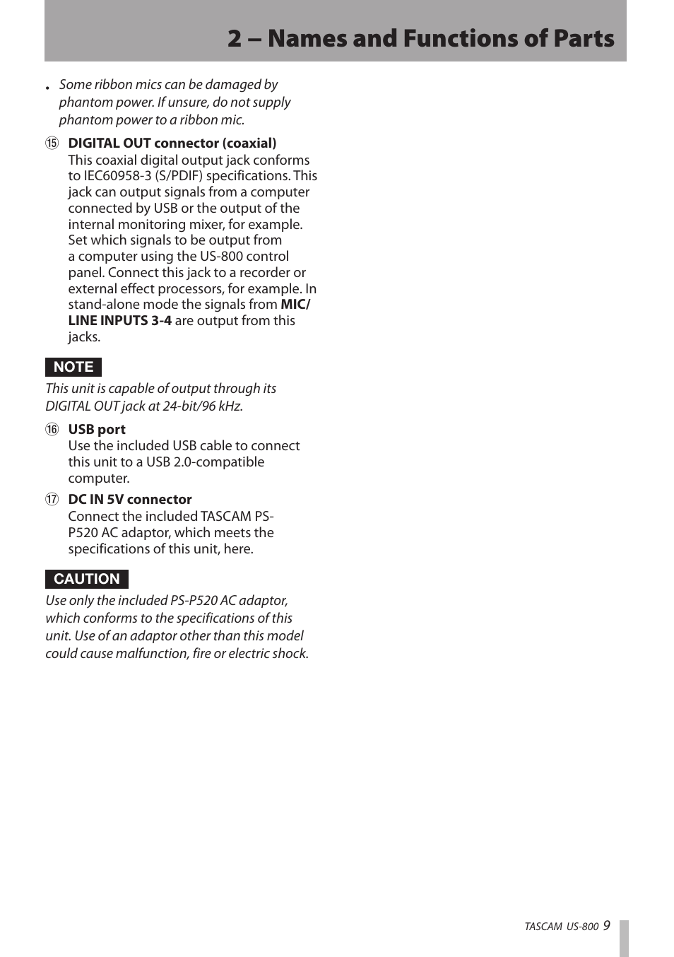 2 − names and functions of parts | Teac US-800 User Manual | Page 9 / 40