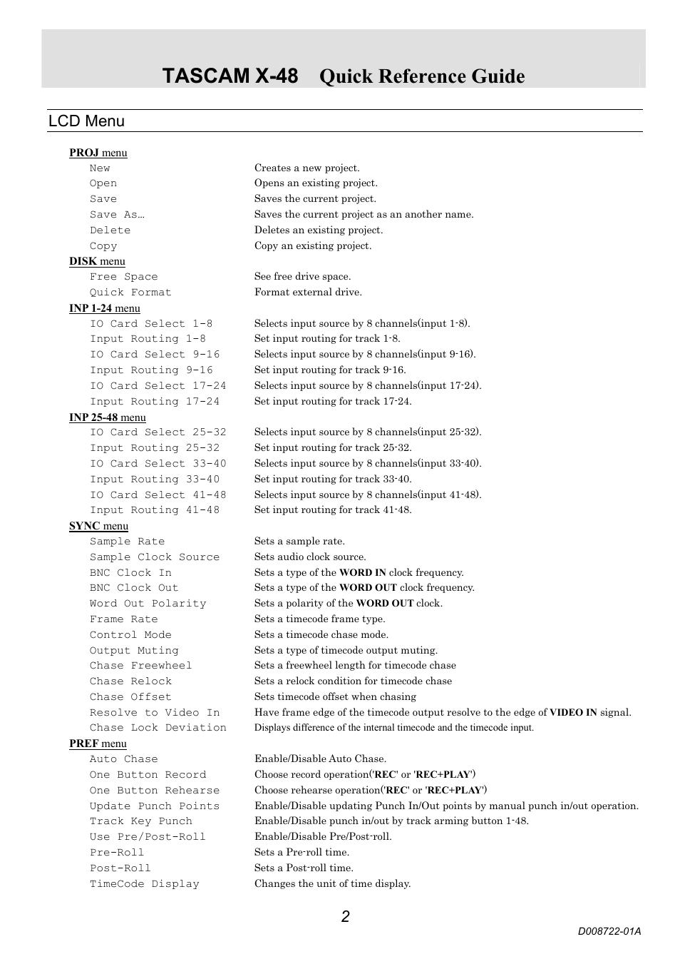 Tascam x-48 quick reference guide, Lcd menu | Teac X-48  Quick Start User Manual | Page 2 / 4