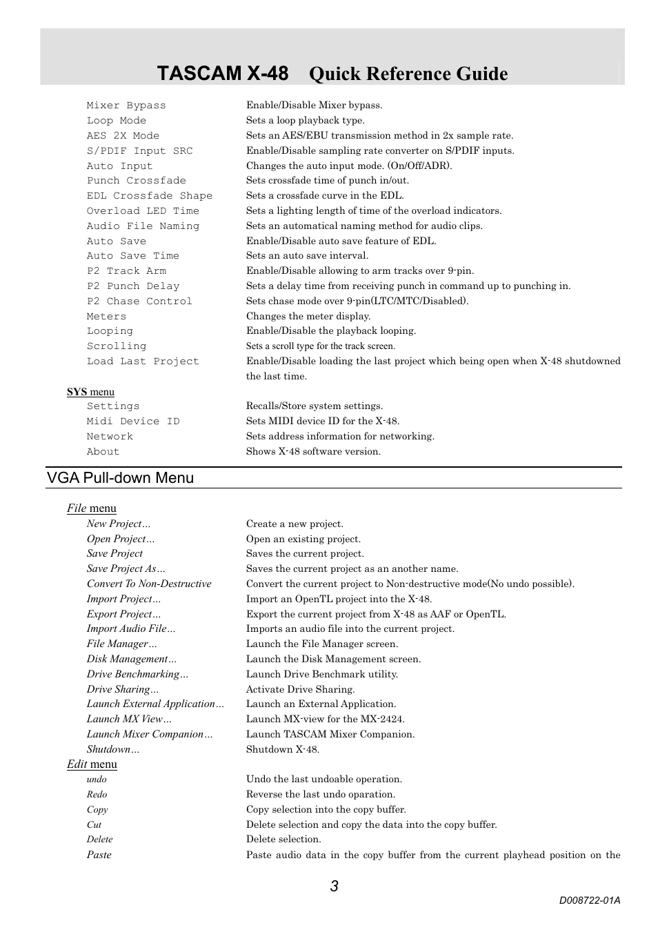 Tascam x-48 quick reference guide, Vga pull-down menu | Teac X-48  Quick Start User Manual | Page 3 / 4