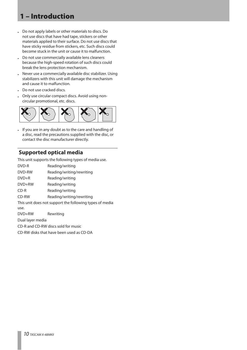 Supported optical media, 1 – introduction | Teac X-48MKII User Manual | Page 10 / 60