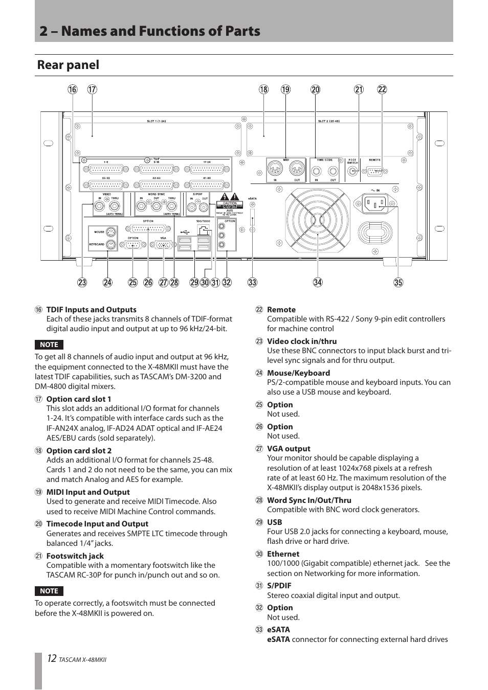 Rear panel, 2 – names and functions of parts | Teac X-48MKII User Manual | Page 12 / 60