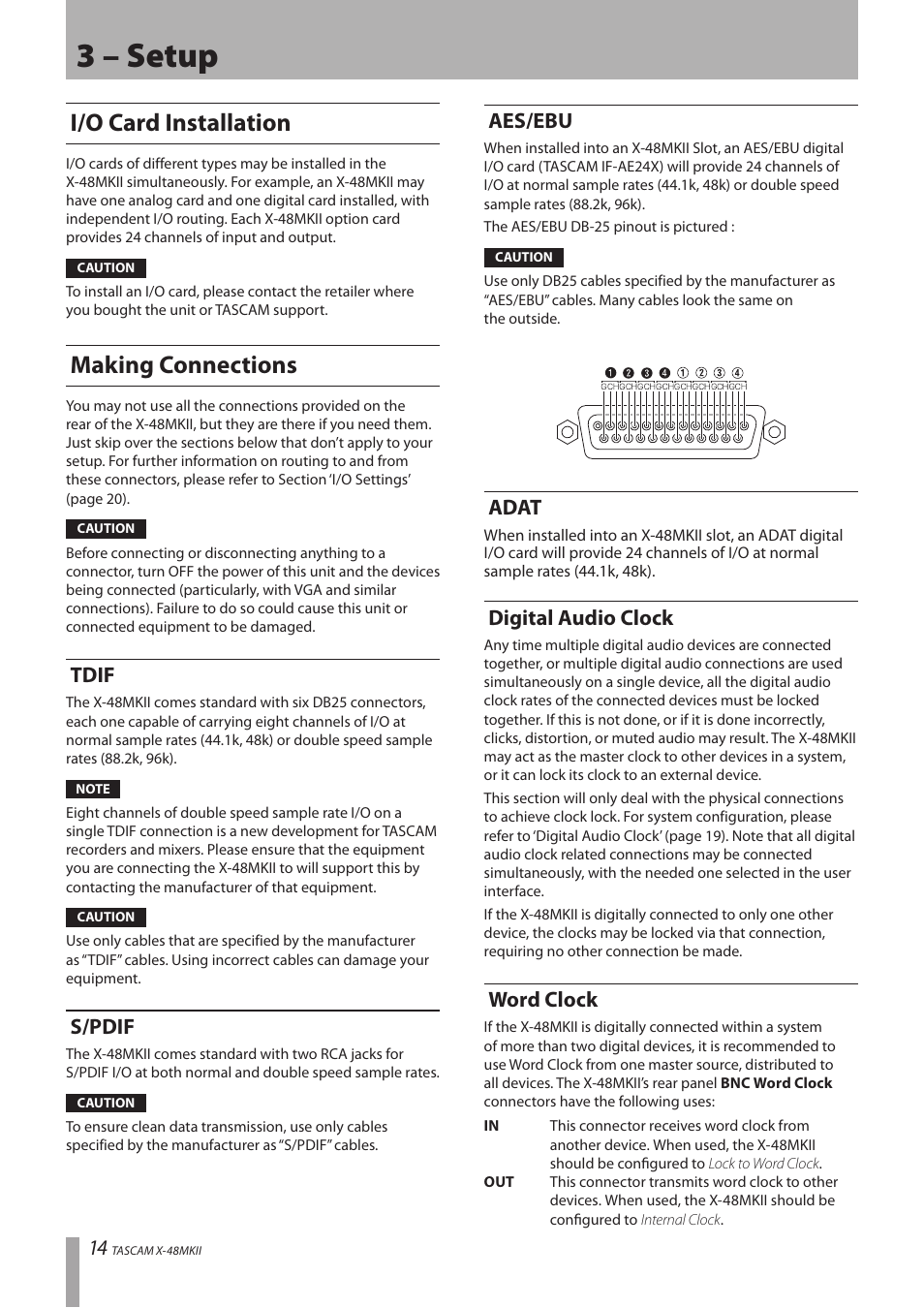 3 – setup, I/o card installation, Making connections | Tdif, S/pdif, Aes/ebu, Adat, Digital audio clock, Word clock, I/o card installation making connections | Teac X-48MKII User Manual | Page 14 / 60