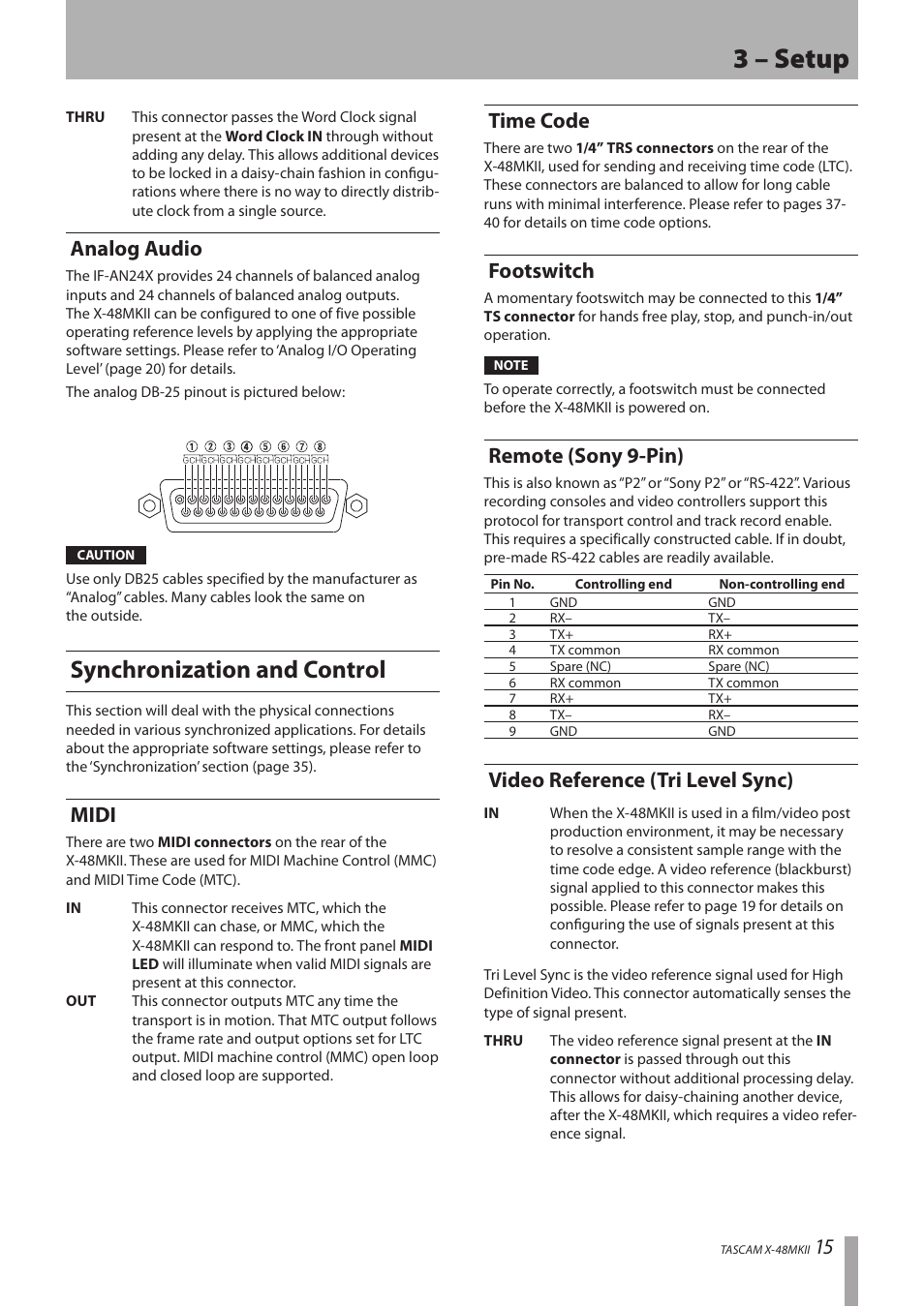 Analog audio, Synchronization and control, Midi | Time code, Footswitch, Remote (sony 9-pin), Video reference (tri level sync), 3 – setup | Teac X-48MKII User Manual | Page 15 / 60