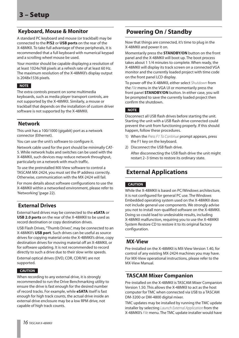 Keyboard, mouse & monitor, Network, External drives | Powering on / standby, External applications, Mx-view, Tascam mixer companion, Keyboard, mouse & monitor network external drives, Powering on / standby external applications, Mx-view tascam mixer companion | Teac X-48MKII User Manual | Page 16 / 60