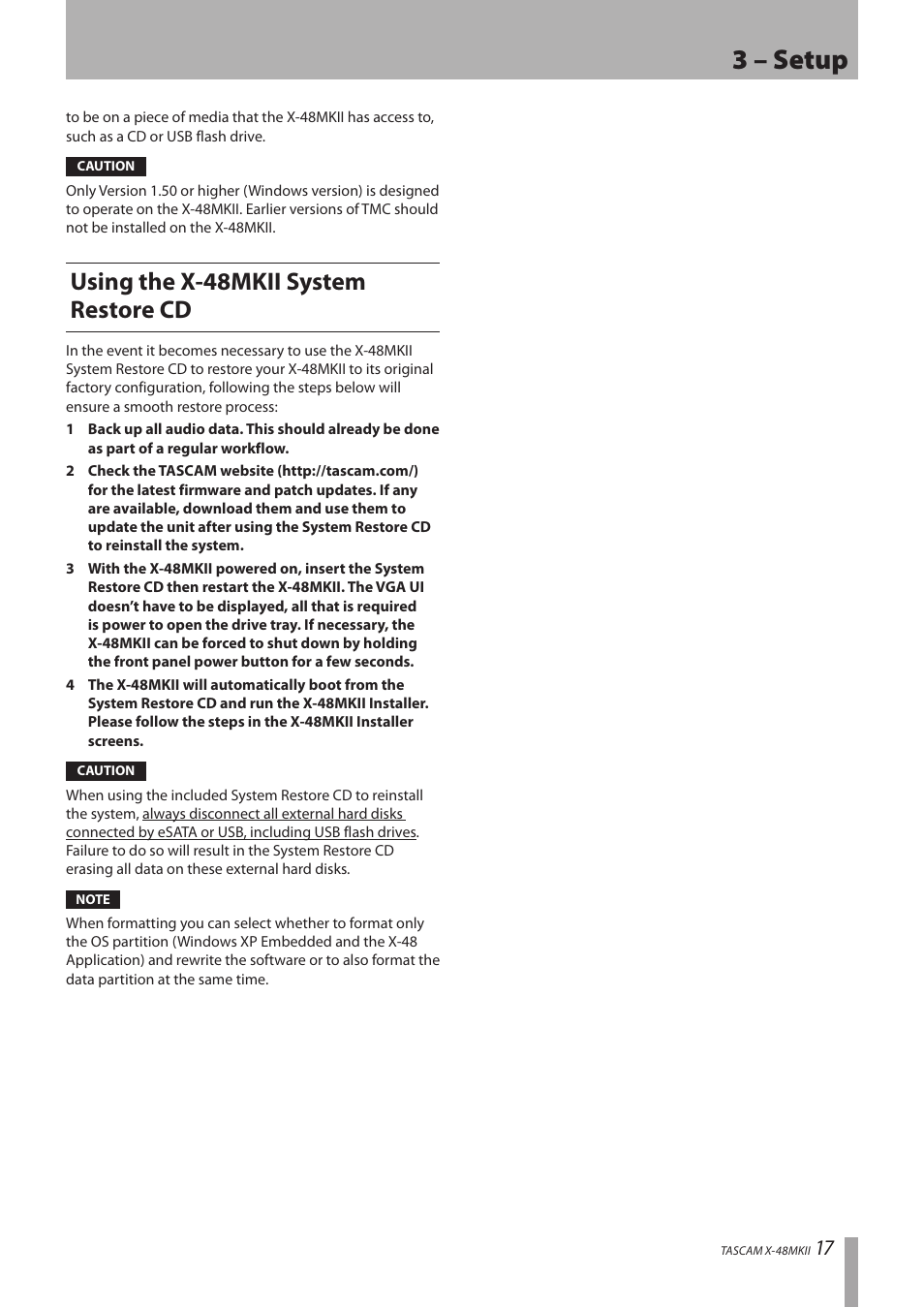 Using the x-48mkii system restore cd, 3 – setup | Teac X-48MKII User Manual | Page 17 / 60