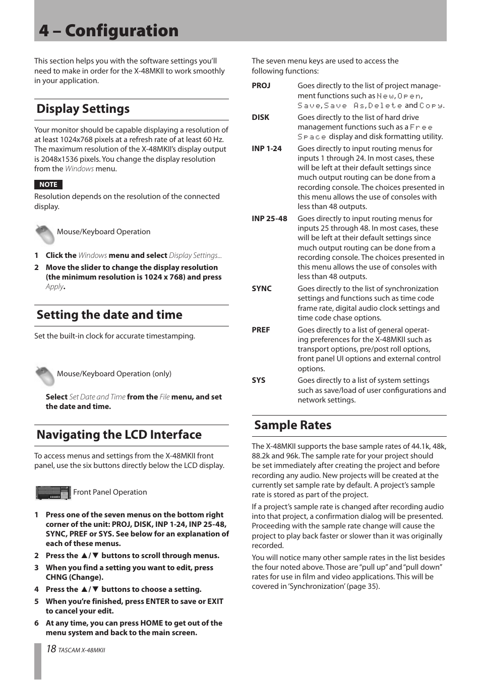 4 – configuration, Display settings, Setting the date and time | Navigating the lcd interface, Sample rates | Teac X-48MKII User Manual | Page 18 / 60