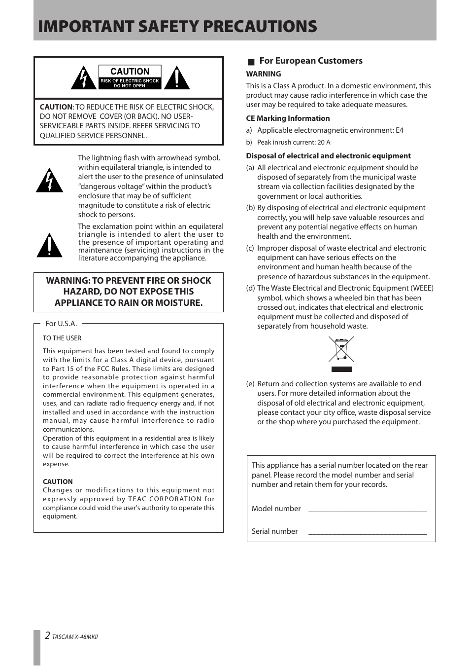 Important safety precautions | Teac X-48MKII User Manual | Page 2 / 60