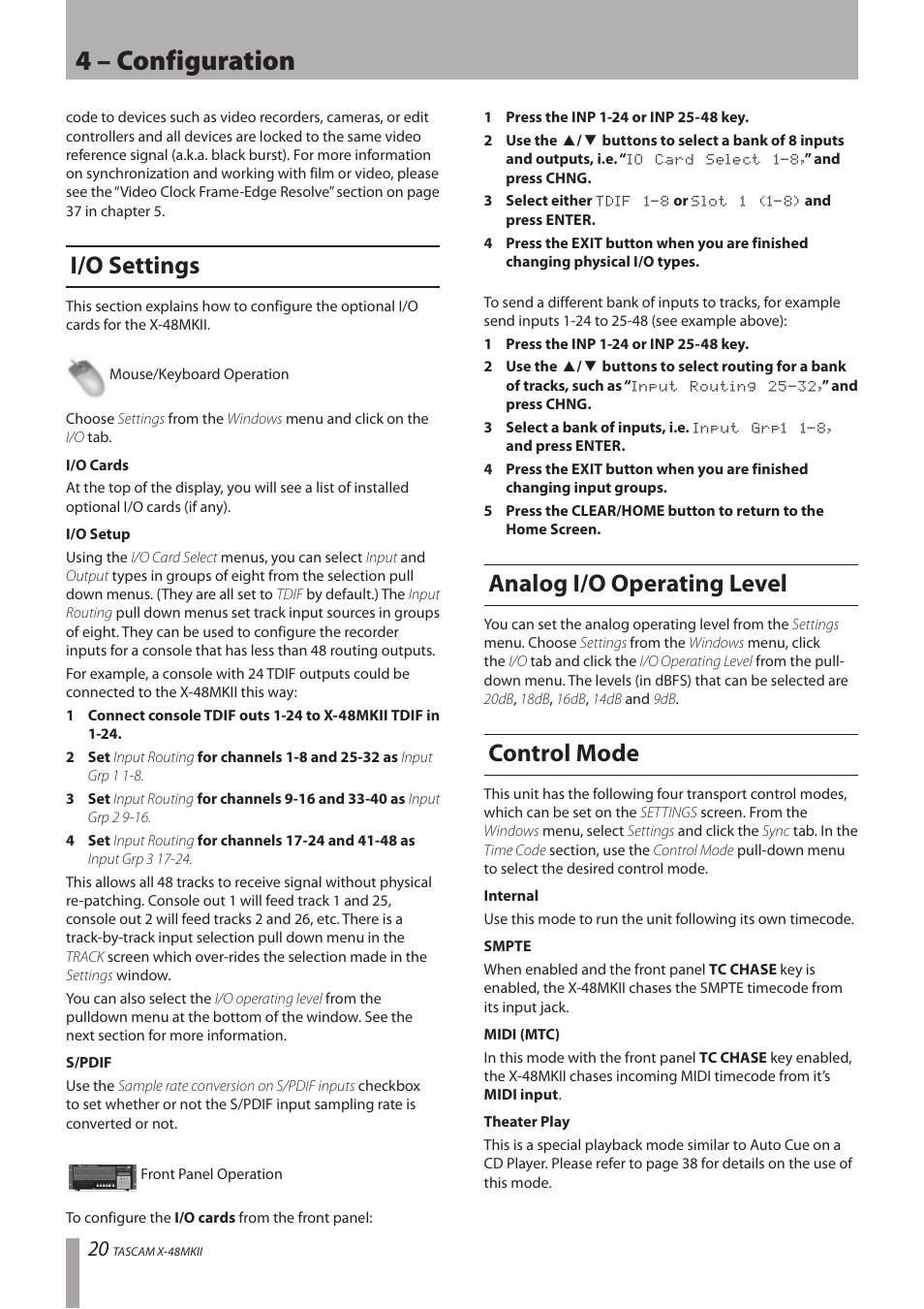 I/o settings, Analog i/o operating level, Control mode | 4 – configuration | Teac X-48MKII User Manual | Page 20 / 60