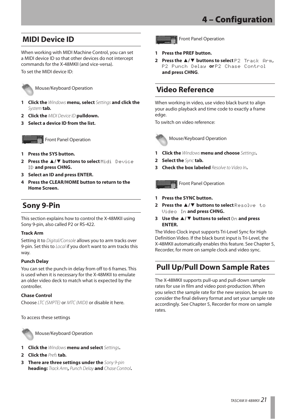 Midi device id, Sony 9-pin, Video reference | Pull up/pull down sample rates, 4 – configuration | Teac X-48MKII User Manual | Page 21 / 60