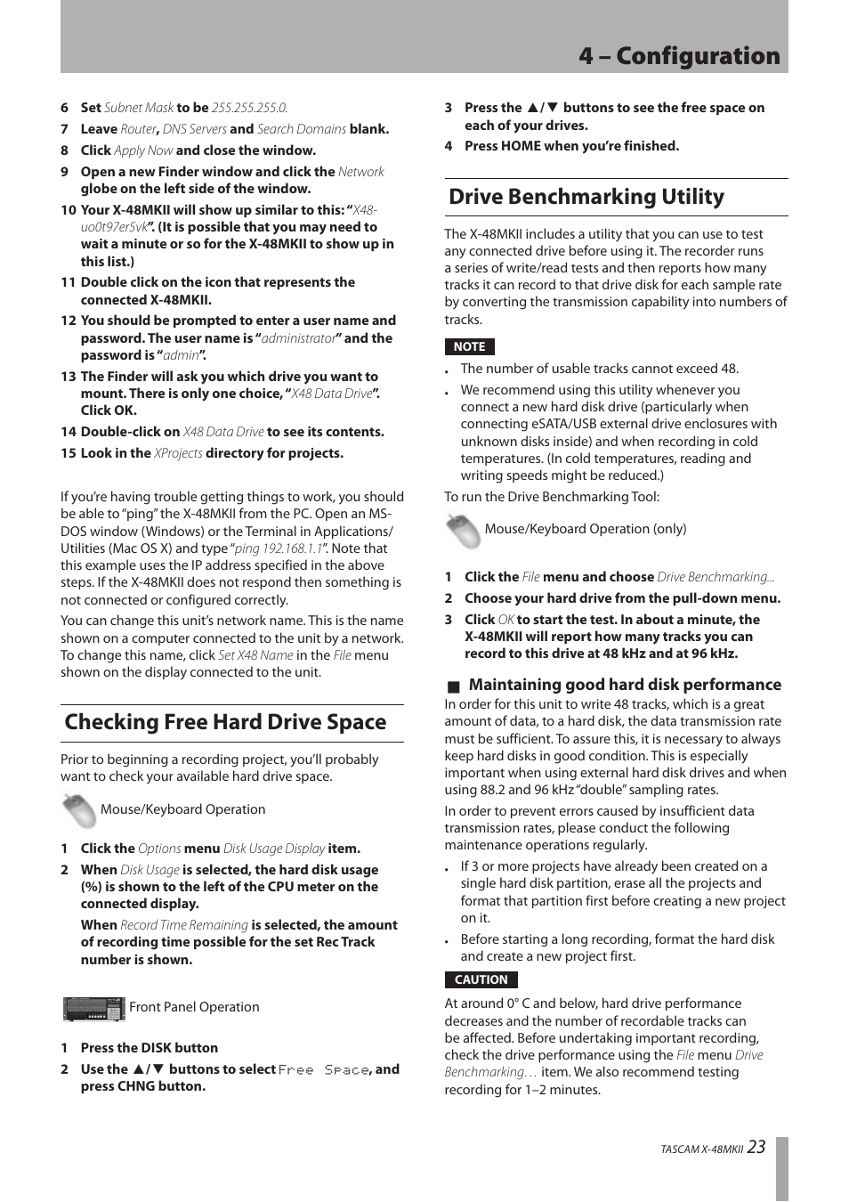 Checking free hard drive space, Drive benchmarking utility, 4 – configuration | Teac X-48MKII User Manual | Page 23 / 60