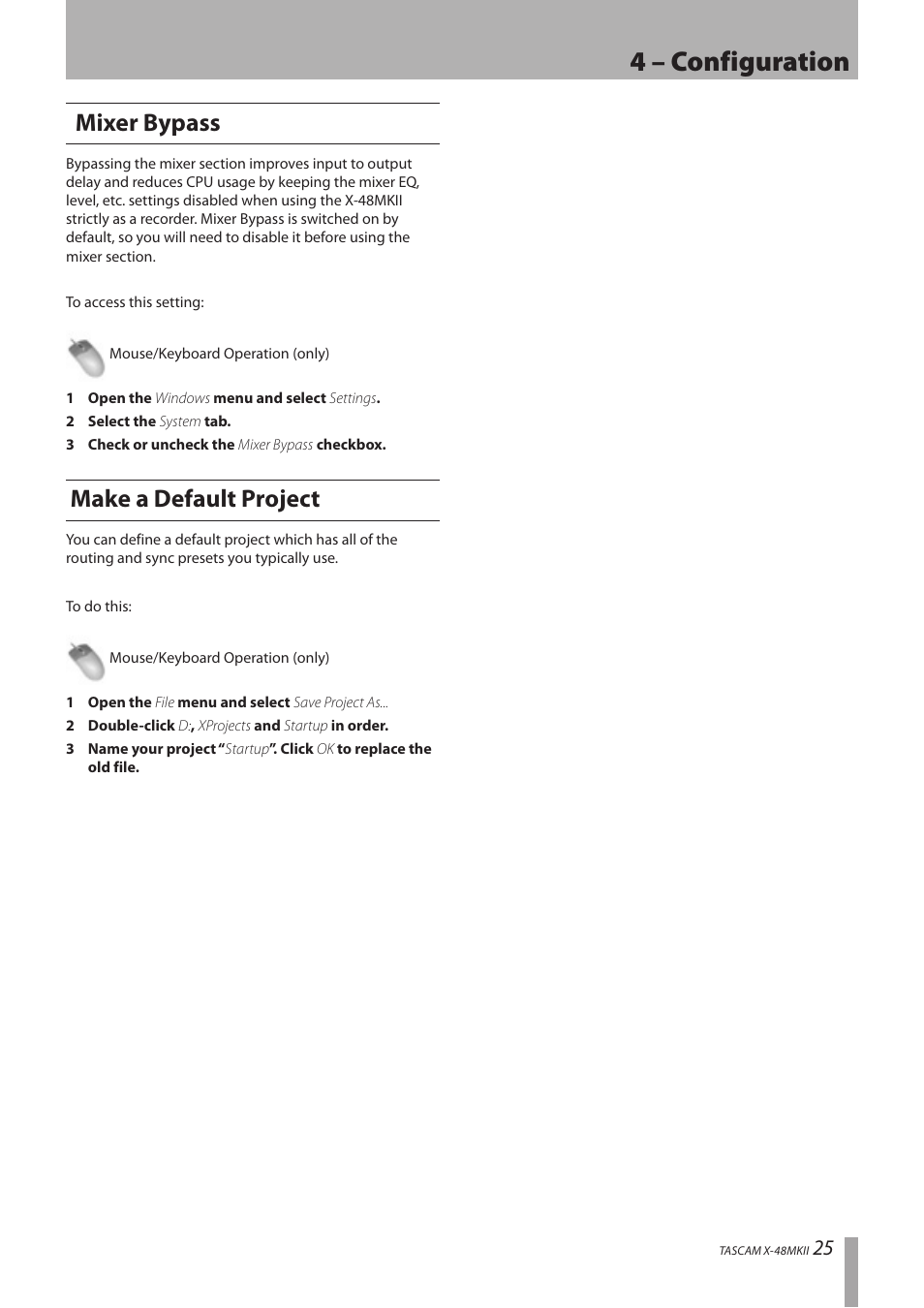 Mixer bypass, Make a default project, Mixer bypass make a default project | 4 – configuration | Teac X-48MKII User Manual | Page 25 / 60