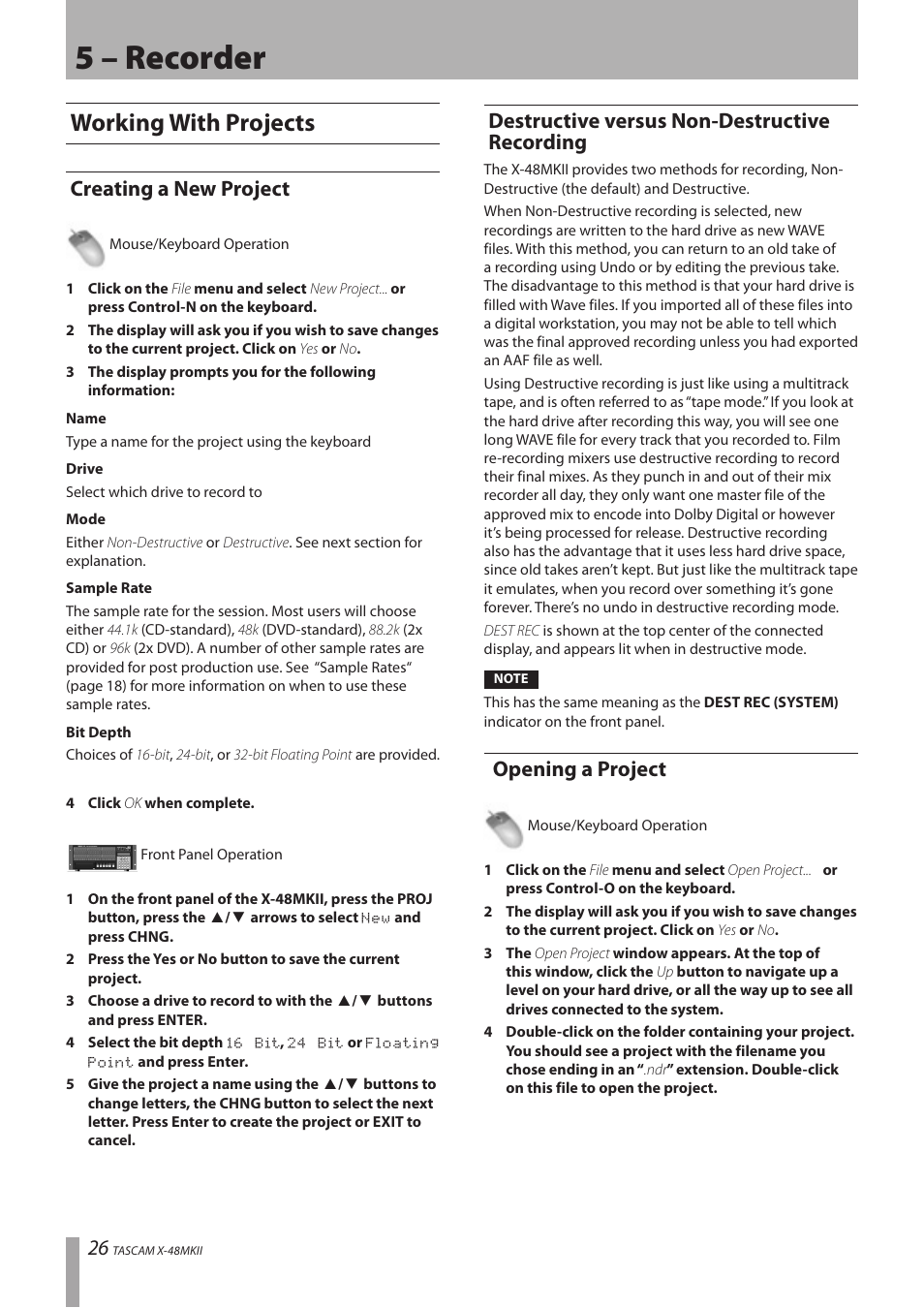 5 – recorder, Working with projects, Creating a new project | Destructive versus non-destructive recording, Opening a project, Recording opening a project | Teac X-48MKII User Manual | Page 26 / 60