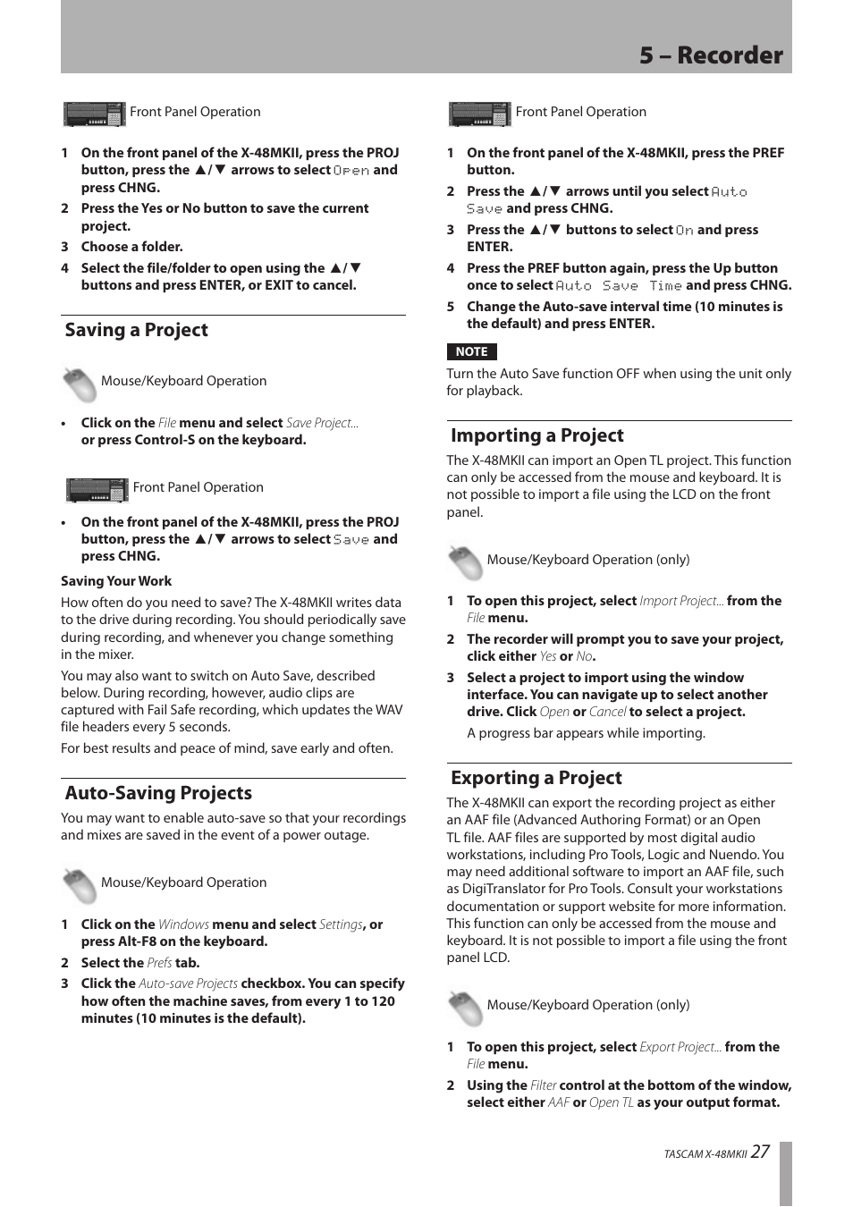 Saving a project, Auto-saving projects, Importing a project | Exporting a project, 5 – recorder | Teac X-48MKII User Manual | Page 27 / 60