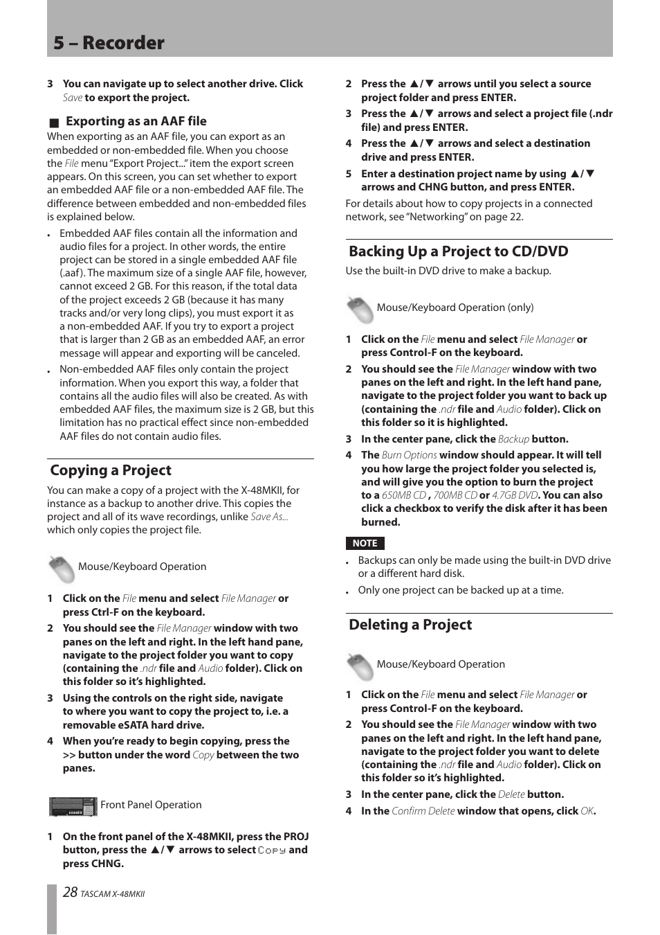 Copying a project, Backing up a project to cd/dvd, Deleting a project | 5 – recorder | Teac X-48MKII User Manual | Page 28 / 60