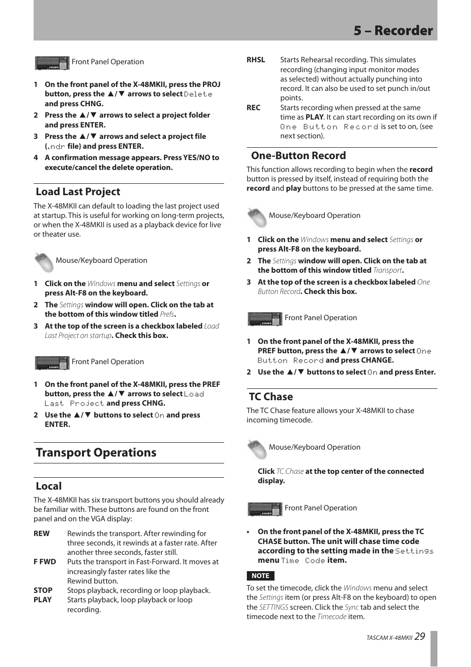 Load last project, Transport operations, Local | One-button record, Tc chase, Local one-button record tc chase, 5 – recorder | Teac X-48MKII User Manual | Page 29 / 60