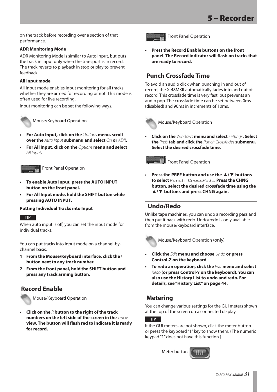 Record enable, Punch crossfade time, Undo/redo | Metering, 5 – recorder | Teac X-48MKII User Manual | Page 31 / 60