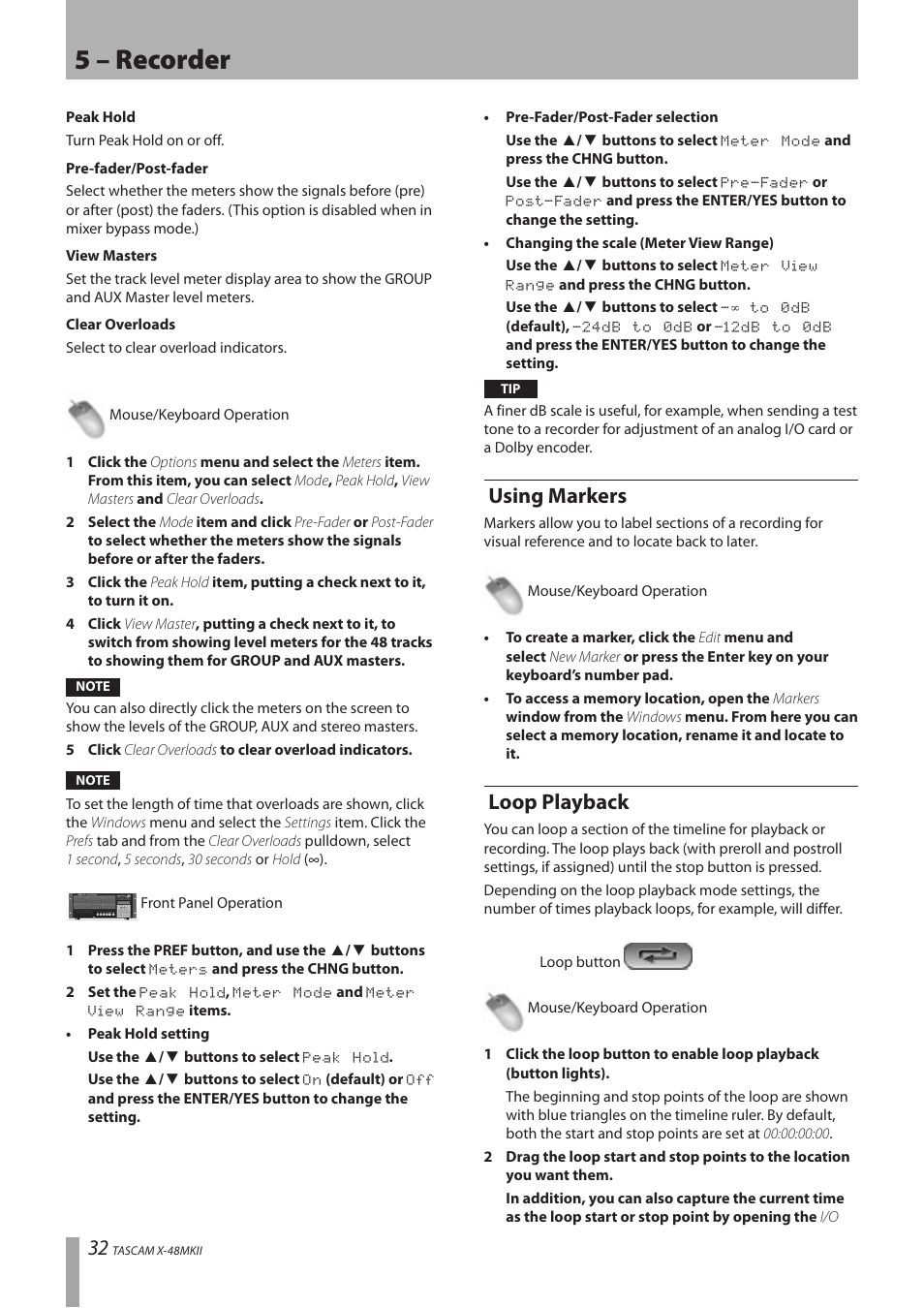 Using markers, Loop playback, Using markers loop playback | 5 – recorder | Teac X-48MKII User Manual | Page 32 / 60