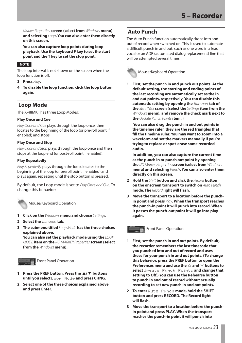 Loop mode, Auto punch, Loop mode auto punch | 5 – recorder | Teac X-48MKII User Manual | Page 33 / 60