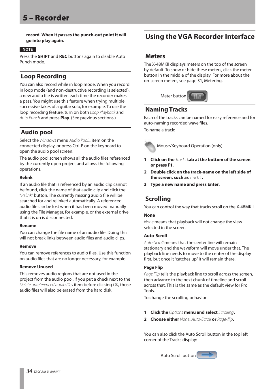 Loop recording, Audio pool, Using the vga recorder interface | Meters, Naming tracks, Scrolling, Meters naming tracks scrolling, 5 – recorder | Teac X-48MKII User Manual | Page 34 / 60