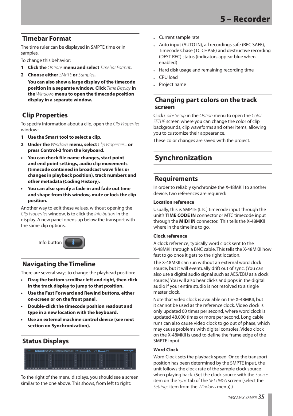 Timebar format, Clip properties, Navigating the timeline | Status displays, Changing part colors on the track screen, Synchronization, Requirements, 5 – recorder, 35 timebar format | Teac X-48MKII User Manual | Page 35 / 60