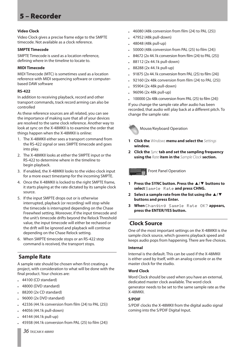 Sample rate, Clock source, Sample rate clock source | 5 – recorder | Teac X-48MKII User Manual | Page 36 / 60