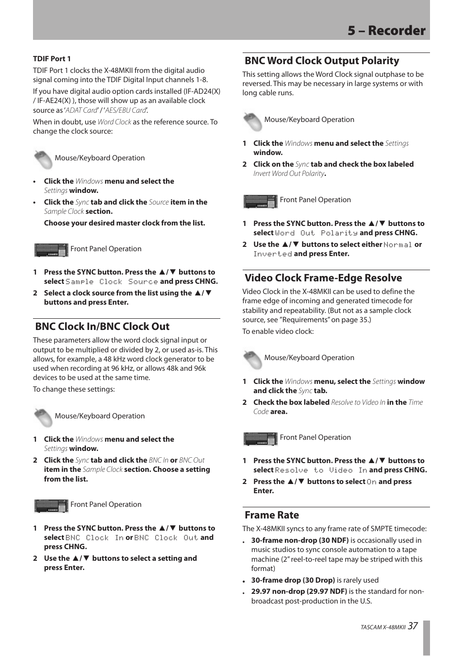 Bnc clock in/bnc clock out, Bnc word clock output polarity, Video clock frame-edge resolve | Frame rate, 5 – recorder | Teac X-48MKII User Manual | Page 37 / 60