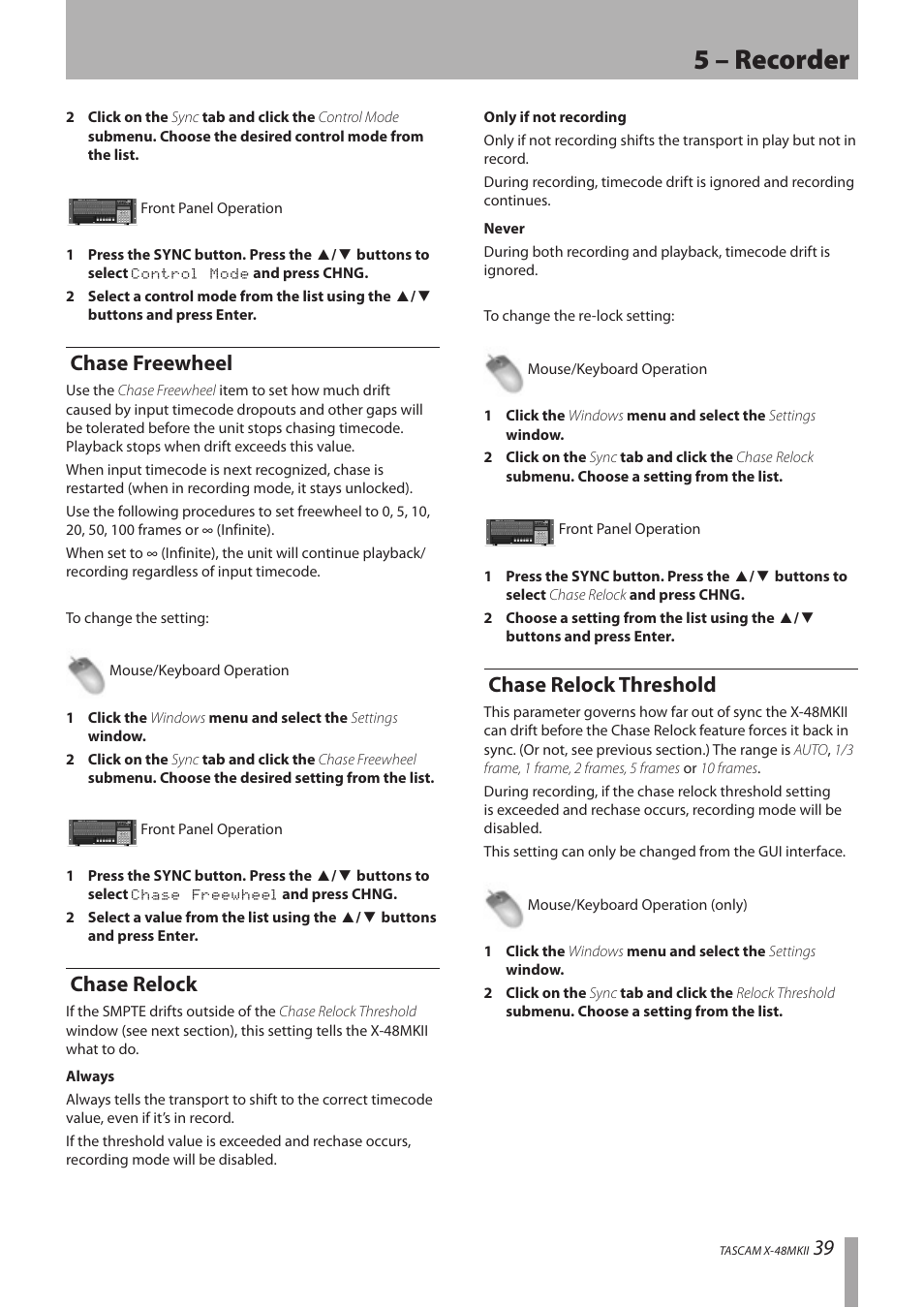 Chase freewheel, Chase relock, Chase relock threshold | 5 – recorder | Teac X-48MKII User Manual | Page 39 / 60