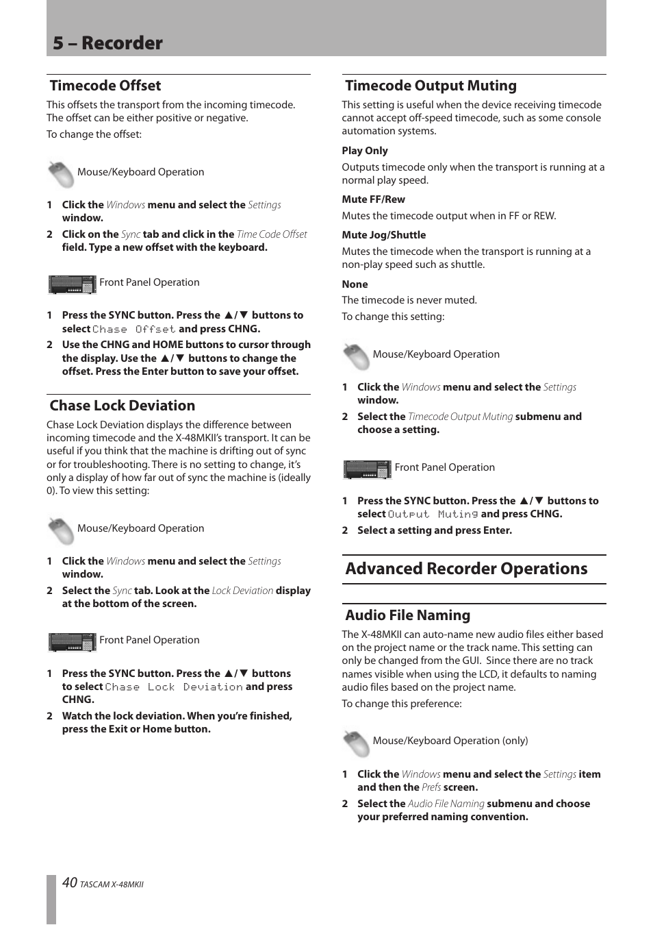 Timecode offset, Chase lock deviation, Timecode output muting | Advanced recorder operations, Audio file naming, 5 – recorder | Teac X-48MKII User Manual | Page 40 / 60